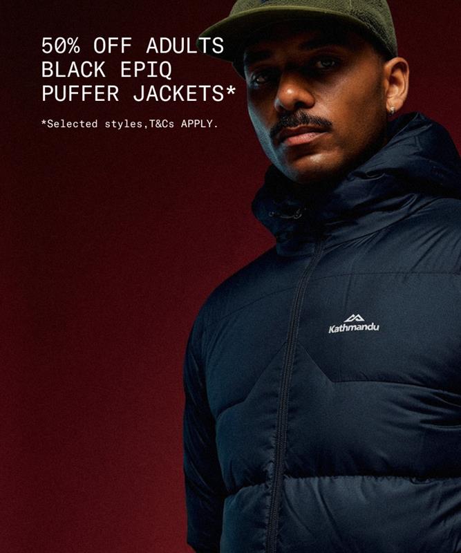 50% off Adults Black Epiq Puffers Jackers* *Selected styles. T&Cs apply.